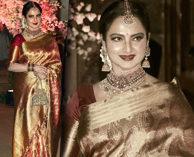 मेटालिक रेड औऱ गोल्ड साड़ी में खूबसूरत रेखा Evergreen Rekha for her birthday for st slide